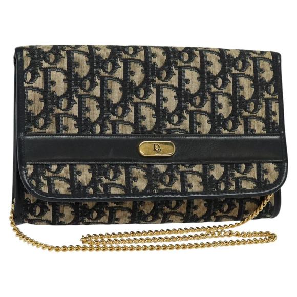 Christian Dior Trotter Canvas Chain Shoulder Bag Navy Gold Auth BD1650 - Picture 1 of 16